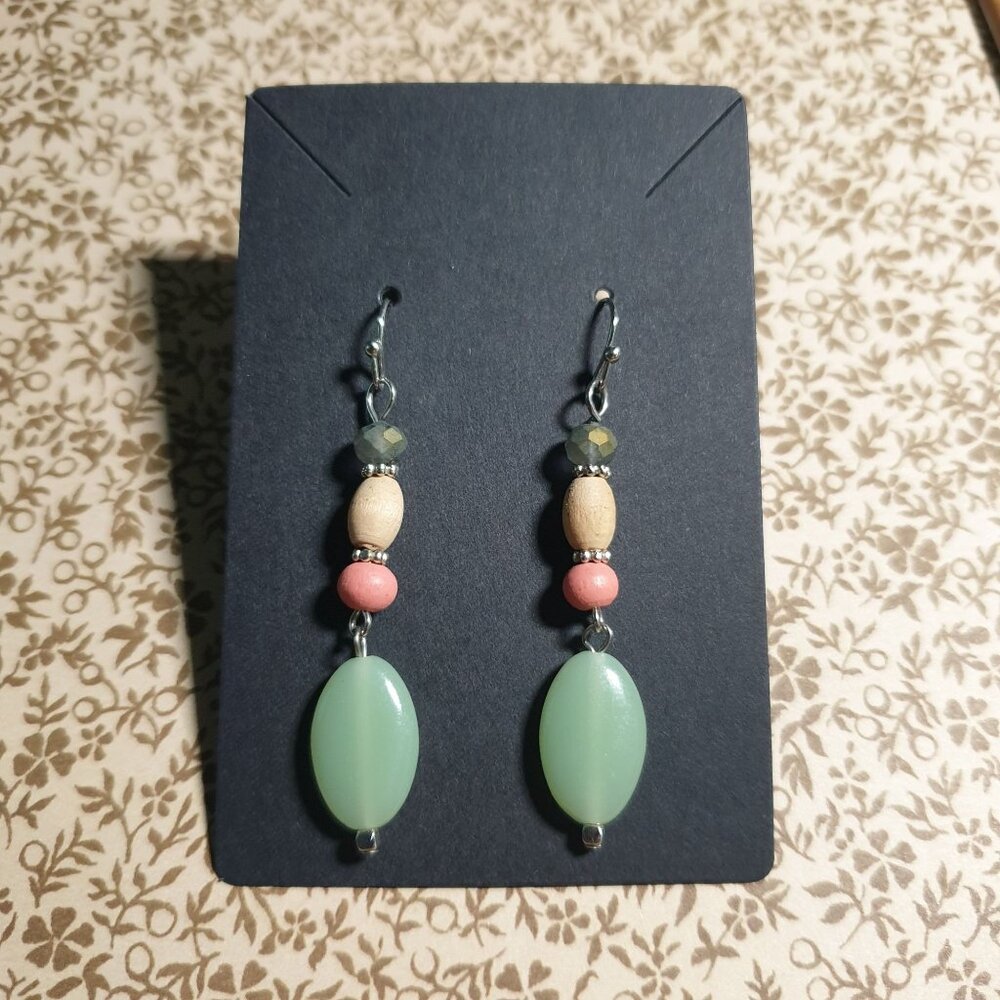 Handmade Dangle Earrings Green Beads Pink Natural Wood On Silver Hooks Women
